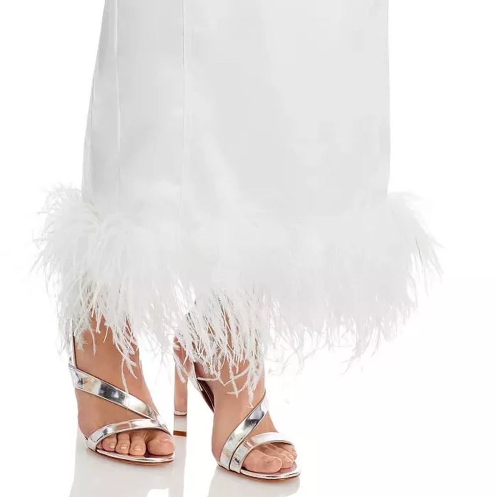 AQUA Faux Feather Trim Midi Cocktail And Party Dress In White Bridal Vibe dress